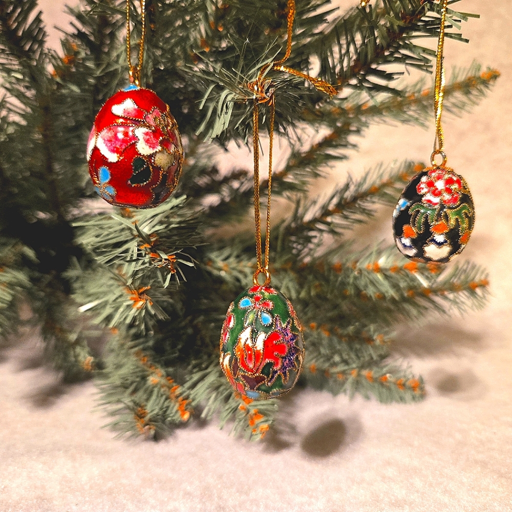 VTG Cloisonne Mini Egg Ornaments Set of 3, Enamel Brass Butterfly Floral, RARE - Picture 6 of 9
